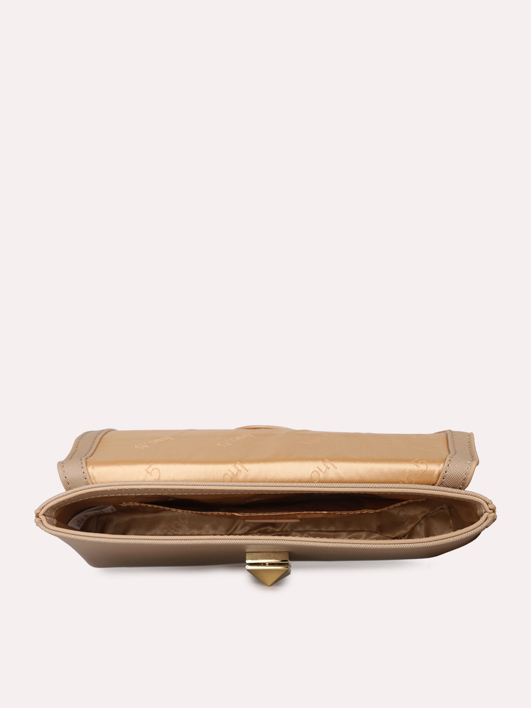 Women Beige Textured Clutch Bag With Twist Lock For Casual