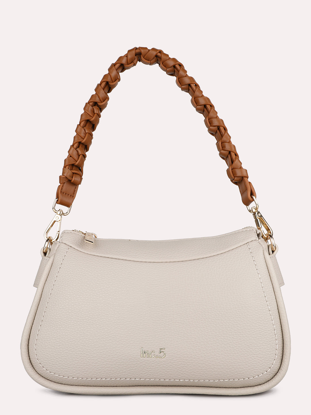 Women Beige Textured Shoulder Bag With Zipper