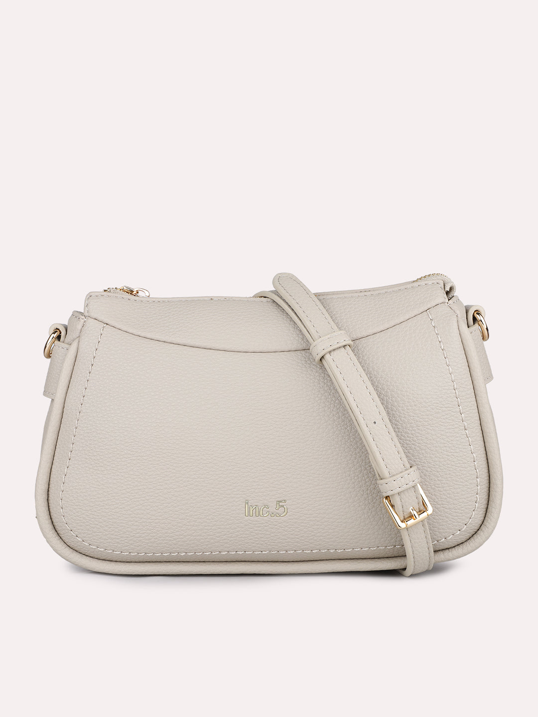 Women Beige Textured Shoulder Bag With Zipper