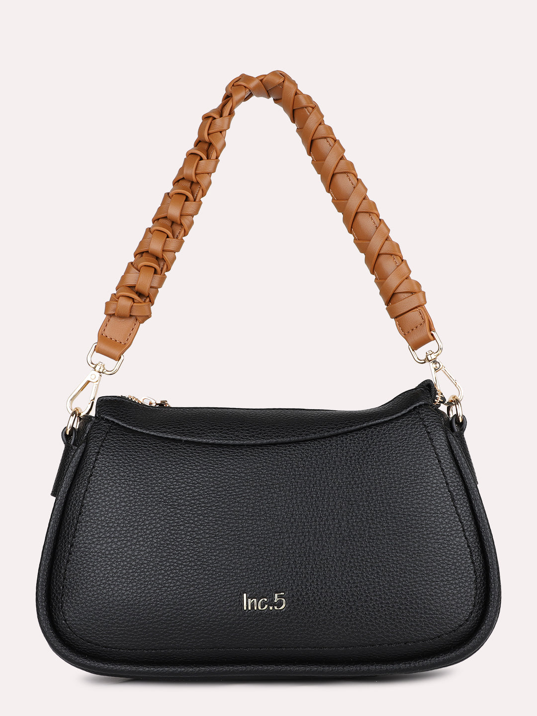 Women Black Textured Shoulder Bag With Zip