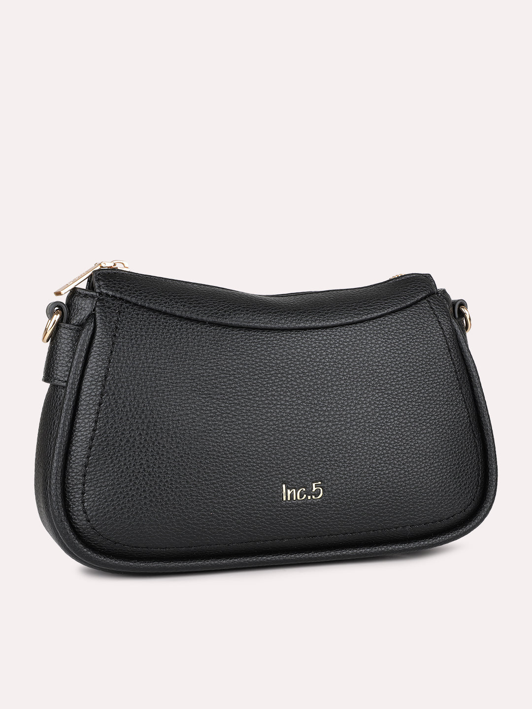 Women Black Textured Shoulder Bag With Zip