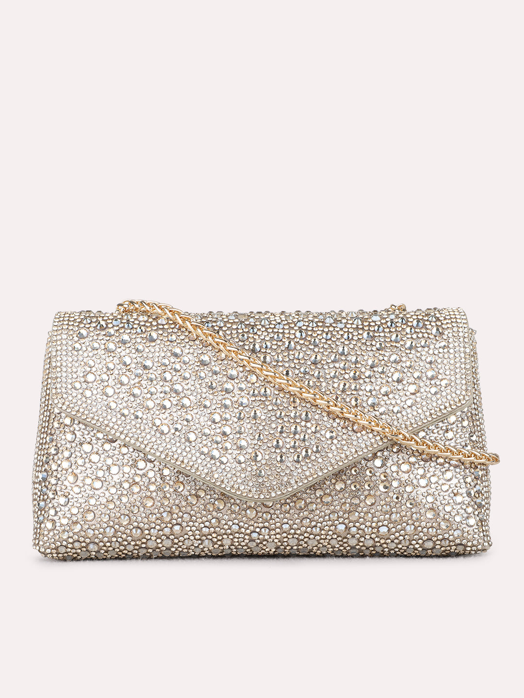 Women Golden Embellished Clutch Bag With Magnet Lock