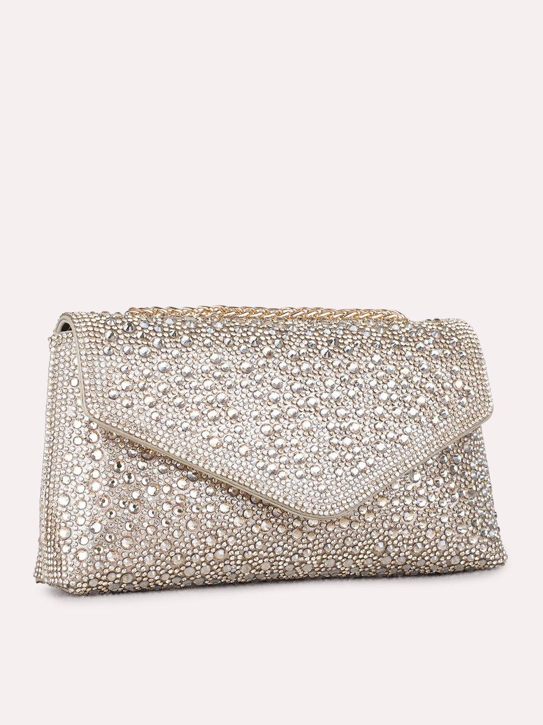 Women Golden Embellished Clutch Bag With Magnet Lock