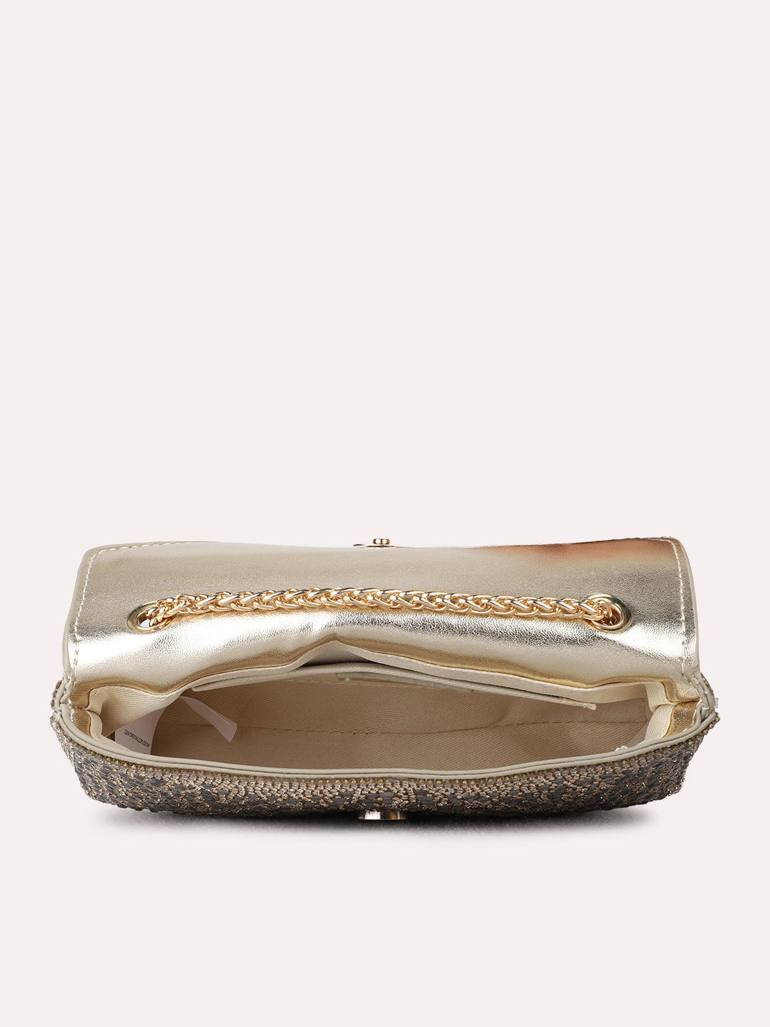 Women Golden Embellished Clutch Bag With Magnet Lock
