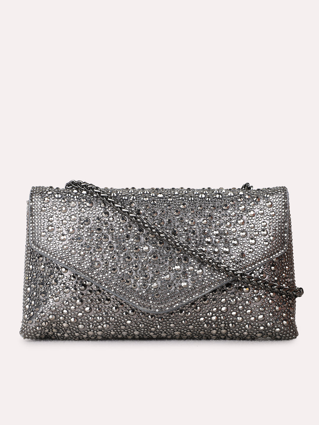 Women Pewter Embellished Clutch Bag With Magnet Lock