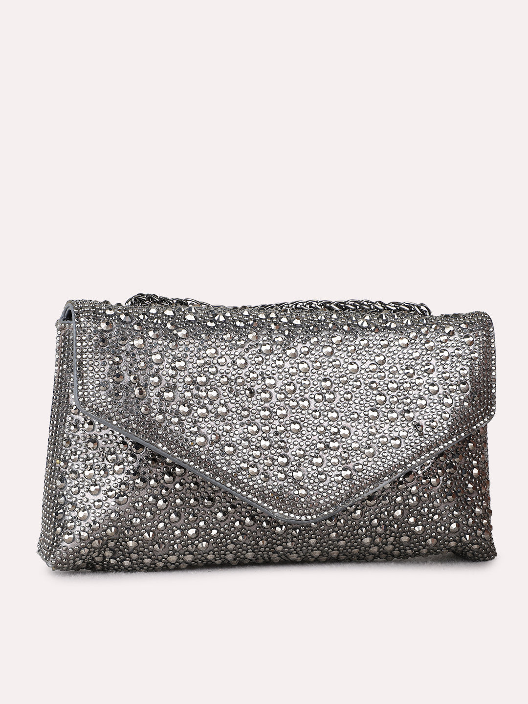 Women Pewter Embellished Clutch Bag With Magnet Lock