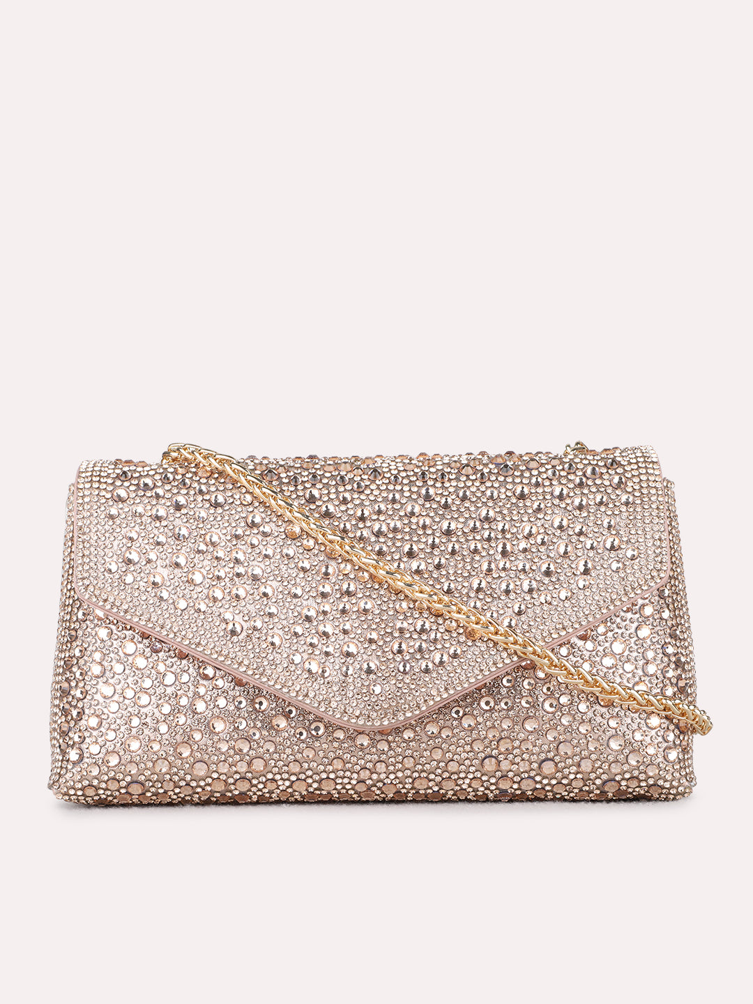 Women Rose Gold Embellished Clutch Bag With Magnet Lock