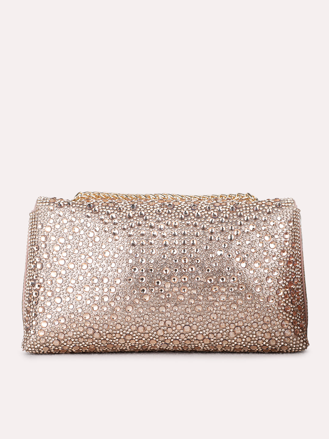 Women Rose Gold Embellished Clutch Bag With Magnet Lock