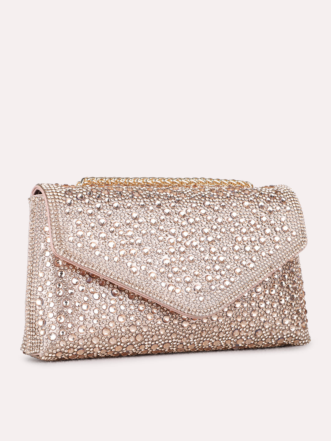 Women Rose Gold Embellished Clutch Bag With Magnet Lock
