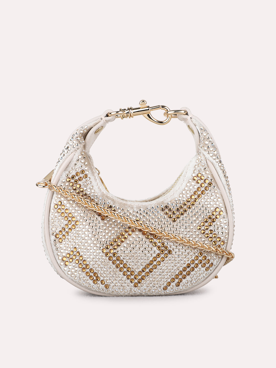 Women Gold Embellished Sling Bag With Zip Lock For Party