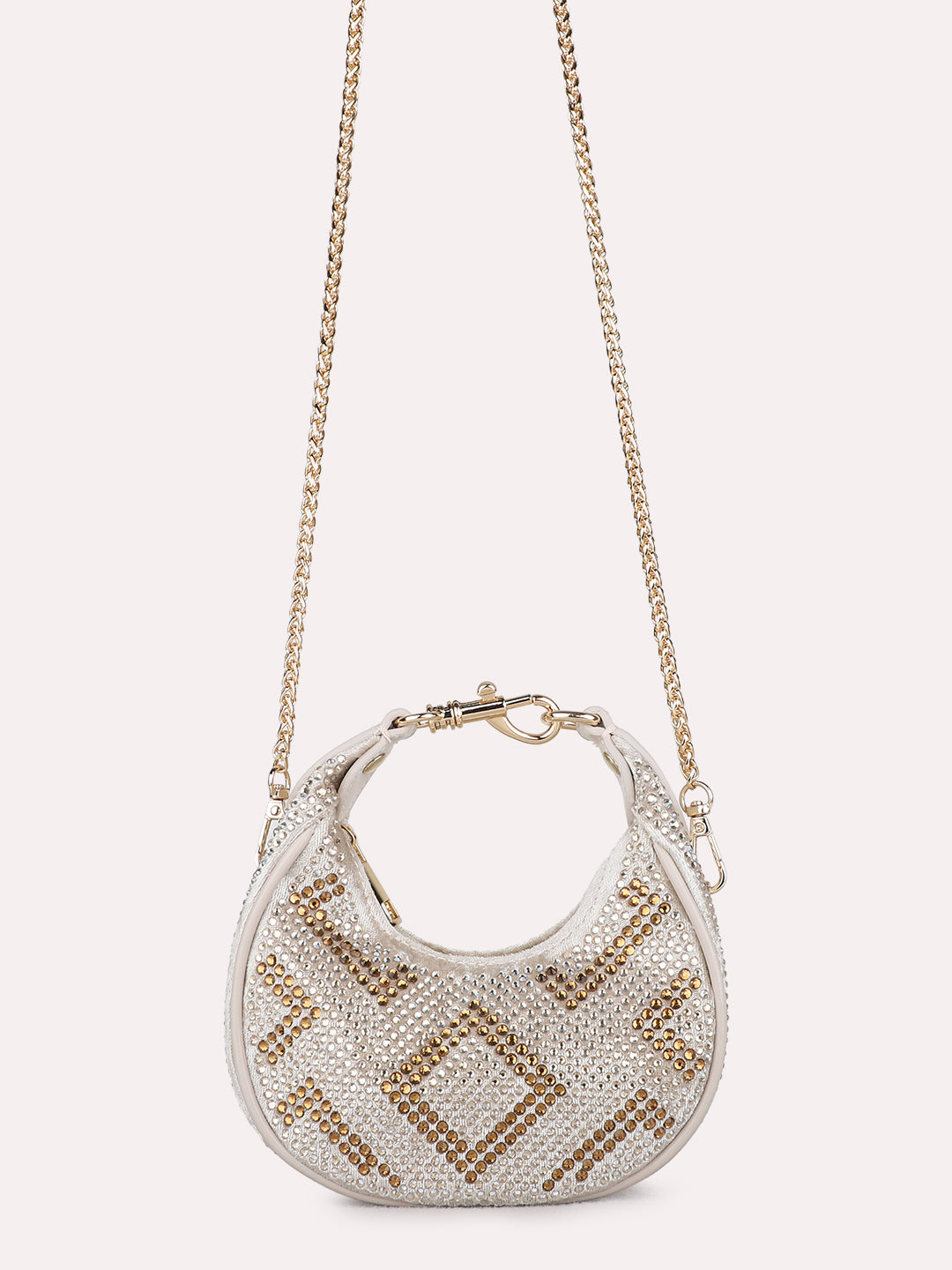 Women Gold Embellished Sling Bag With Zip Lock For Party