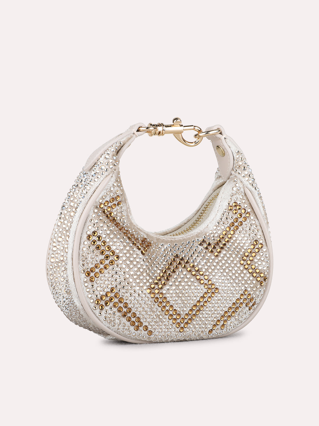 Women Gold Embellished Sling Bag With Zip Lock For Party