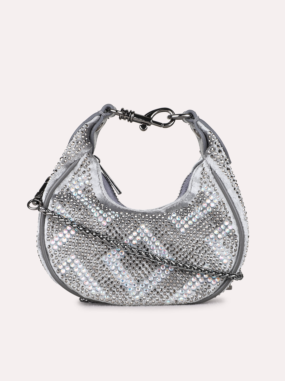 Women Pewter Embellished Sling Bag With Zip Lock For Party