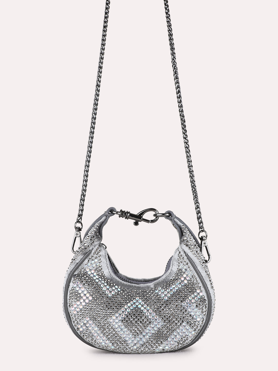 Women Pewter Embellished Sling Bag With Zip Lock For Party