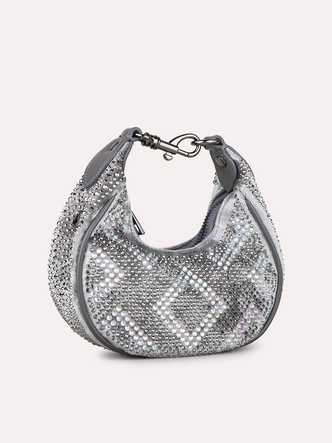 Women Pewter Embellished Sling Bag With Zip Lock For Party