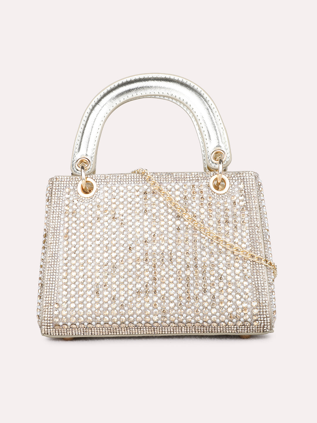 Women Gold Embellished Handbag With Zip Lock For Party