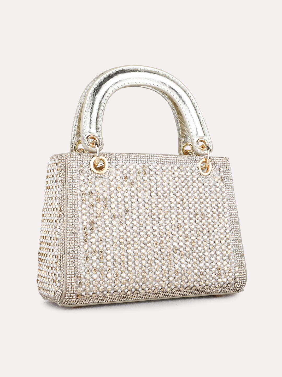 Women Gold Embellished Handbag With Zip Lock For Party