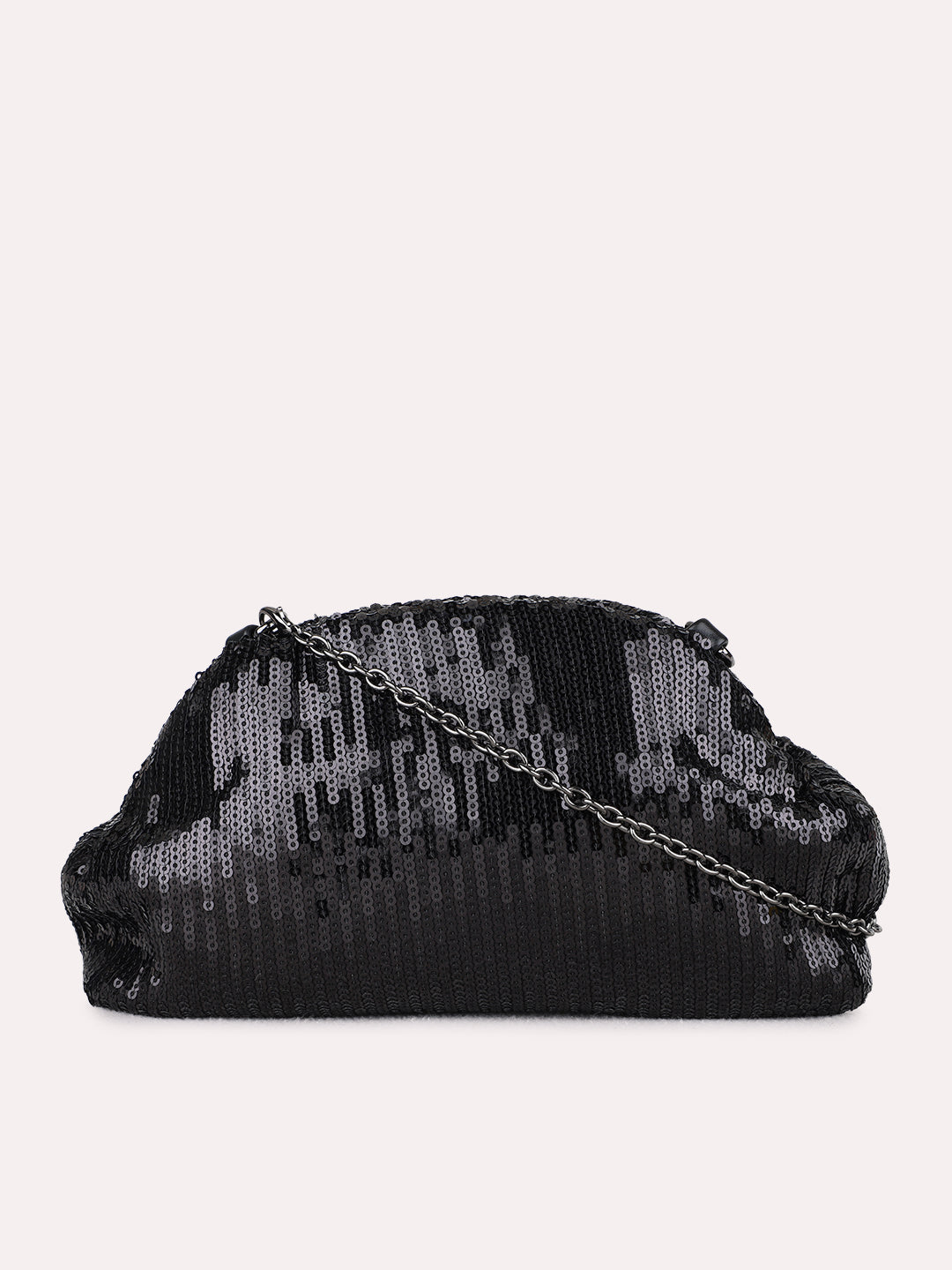 Women Black Embellished Clutch Bag With Magnet Lock For Party