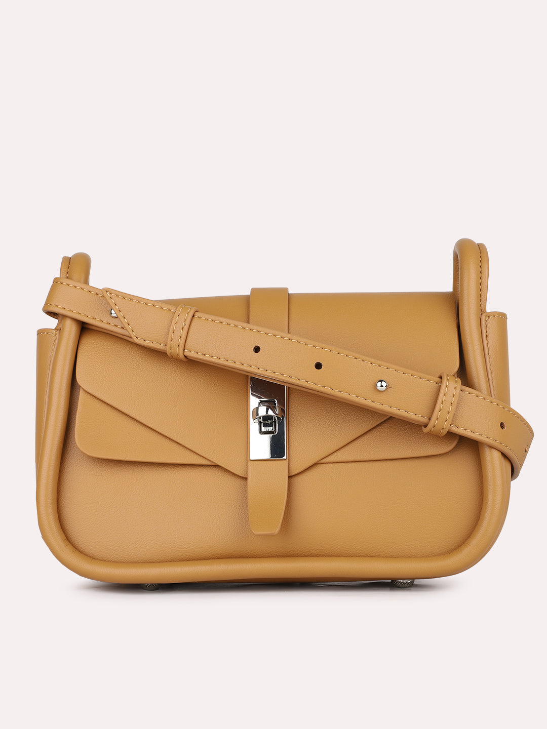 Women Mustard Solid Sling Bag With Twist Lock For Party