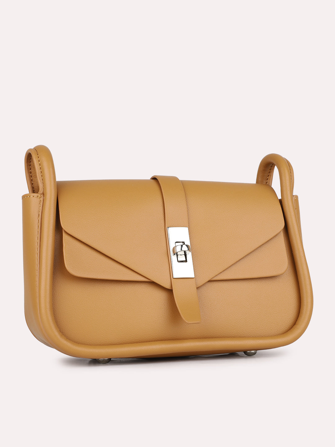 Women Mustard Solid Sling Bag With Twist Lock For Party