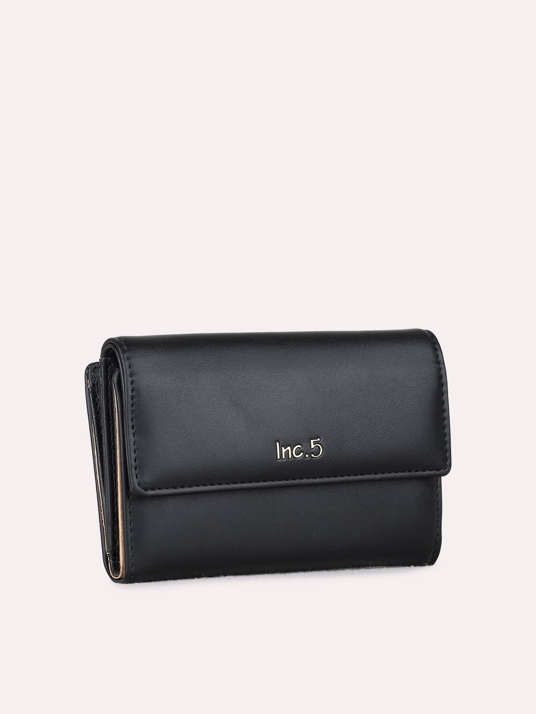 Women Black Solid Bi-Folds Bag With Magnet Lock For Casual