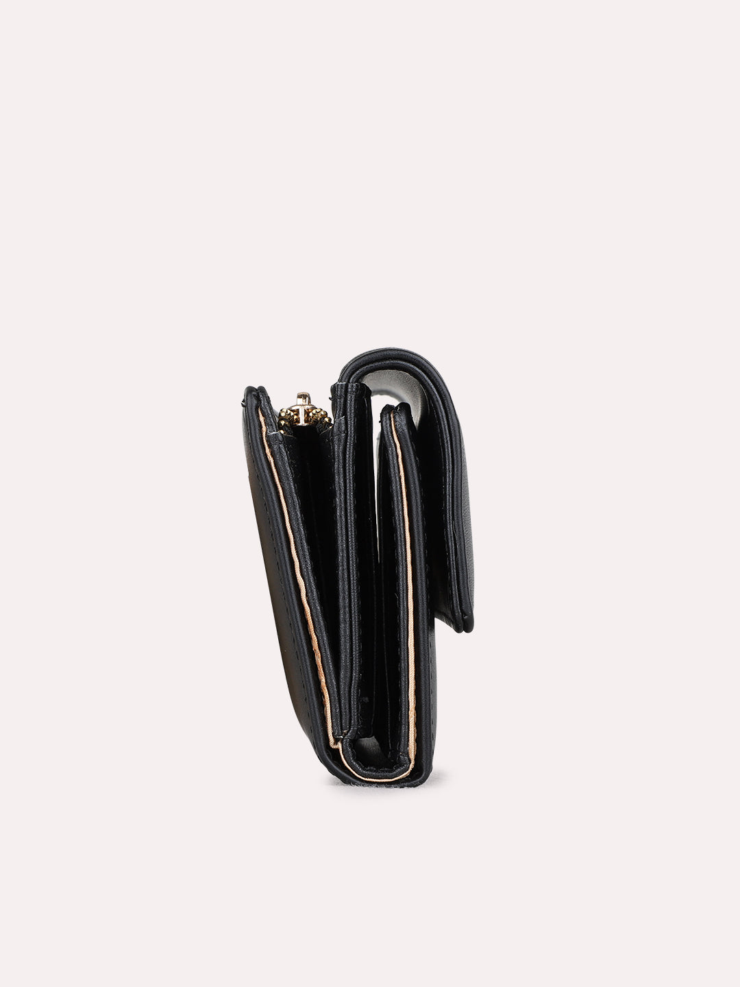 Women Black Solid Bi-Folds Bag With Magnet Lock For Casual