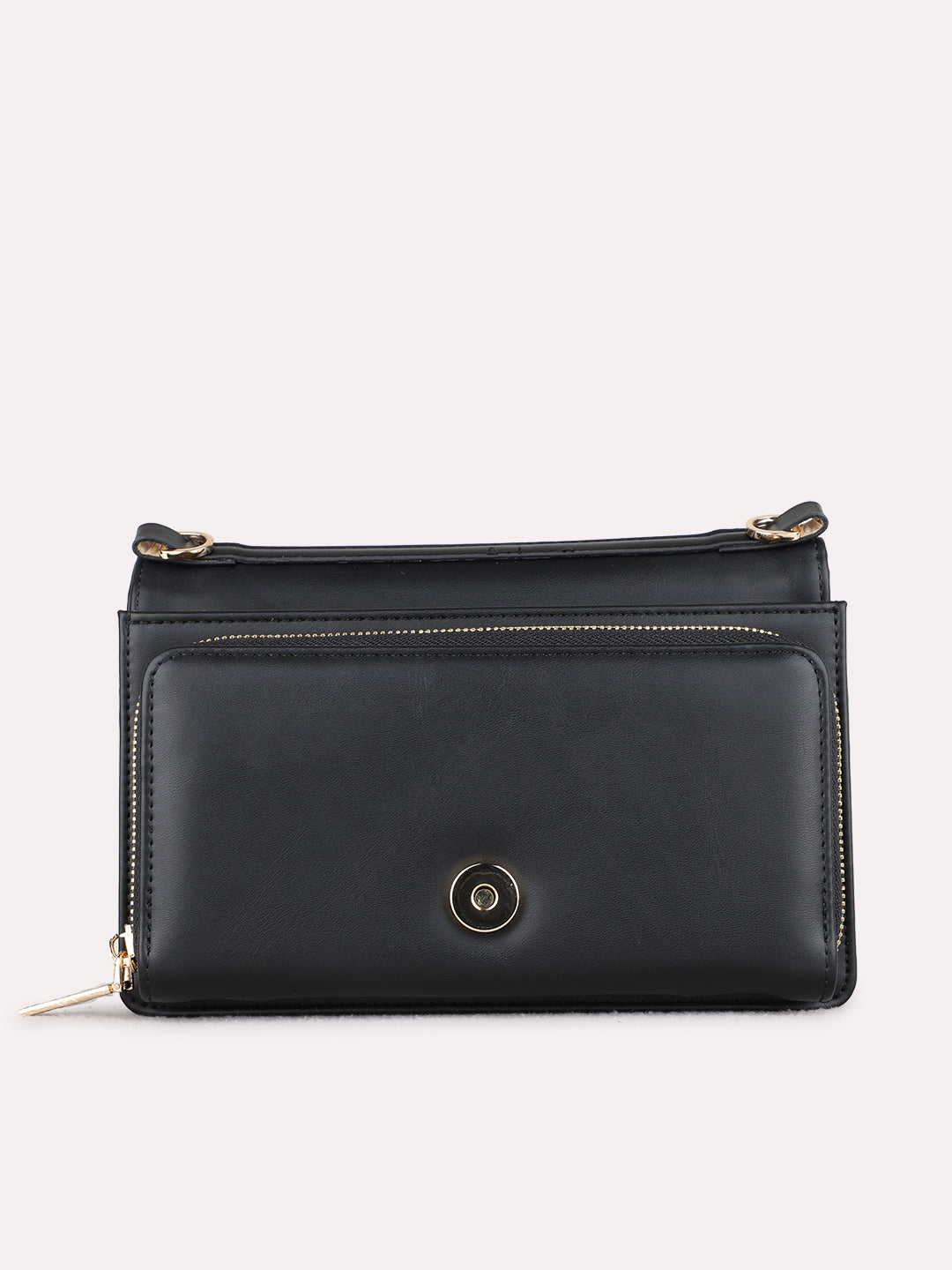 Women Black Solid Sling Bag With Magnet Lock For Casual