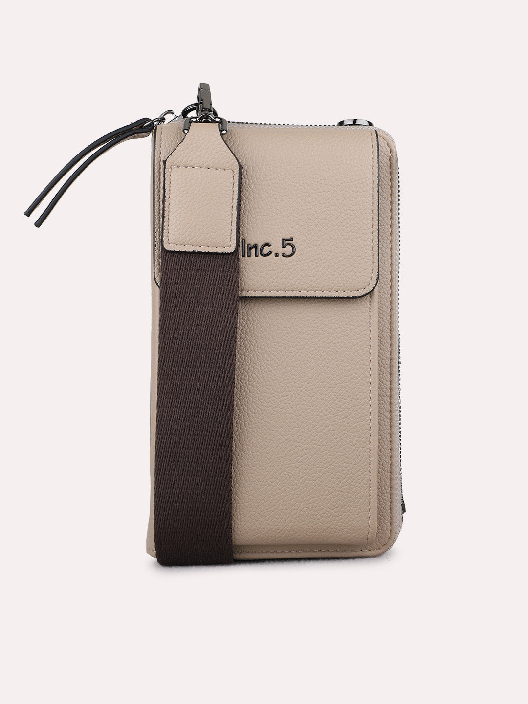 Women Beige Textured Sling Bag With Zip Lock For Casual