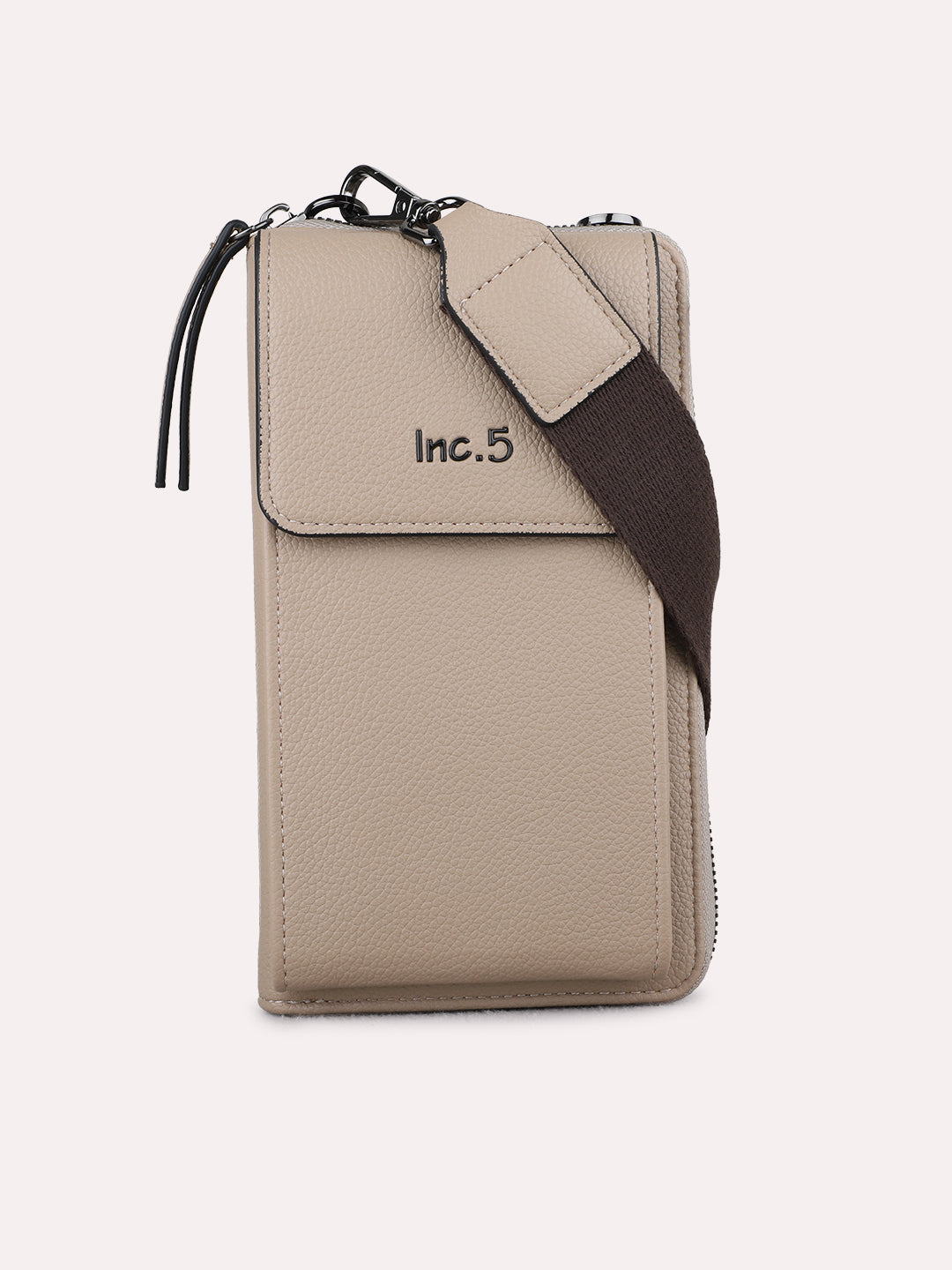 Women Beige Textured Sling Bag With Zip Lock For Casual