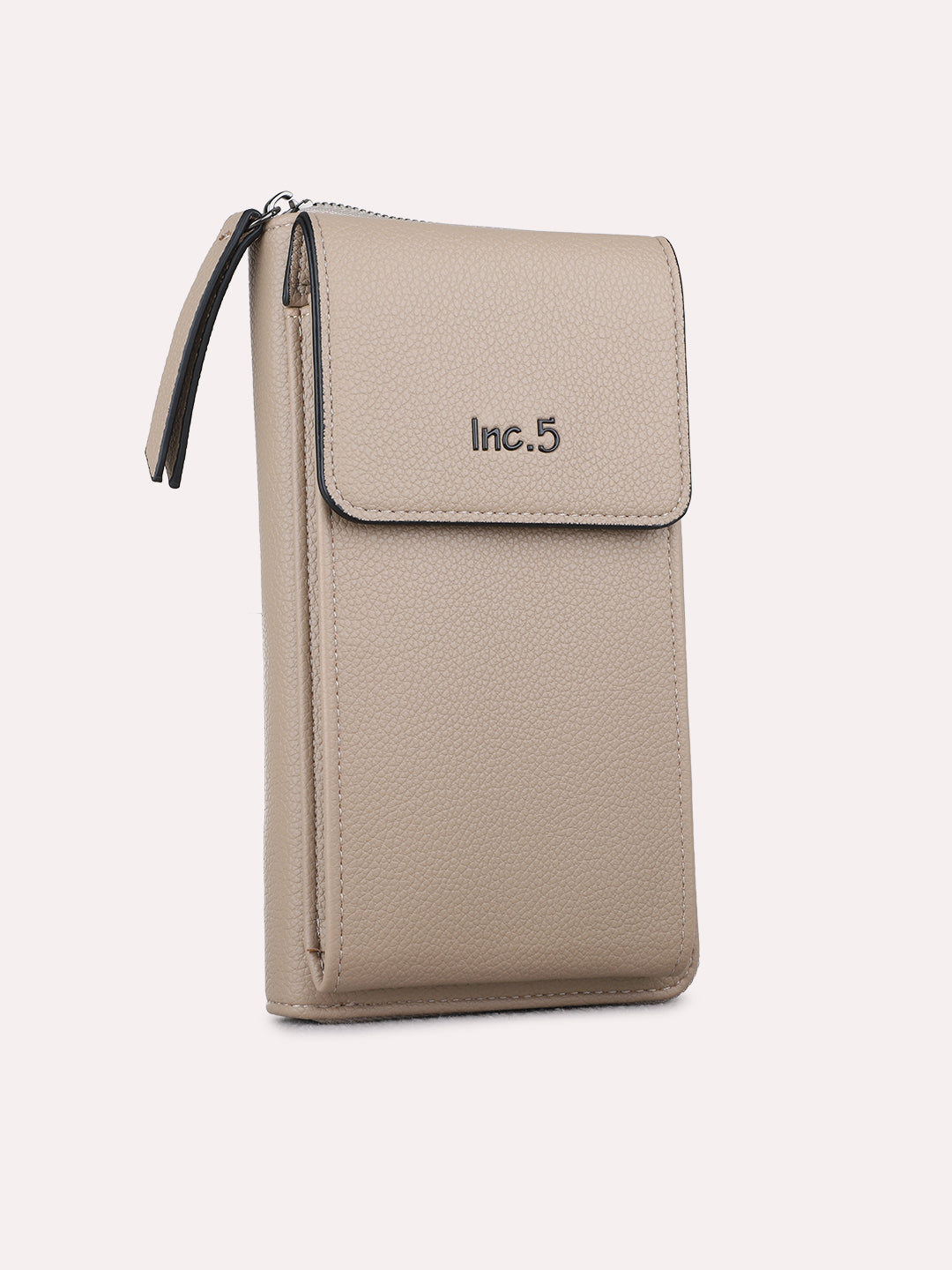 Women Beige Textured Sling Bag With Zip Lock For Casual