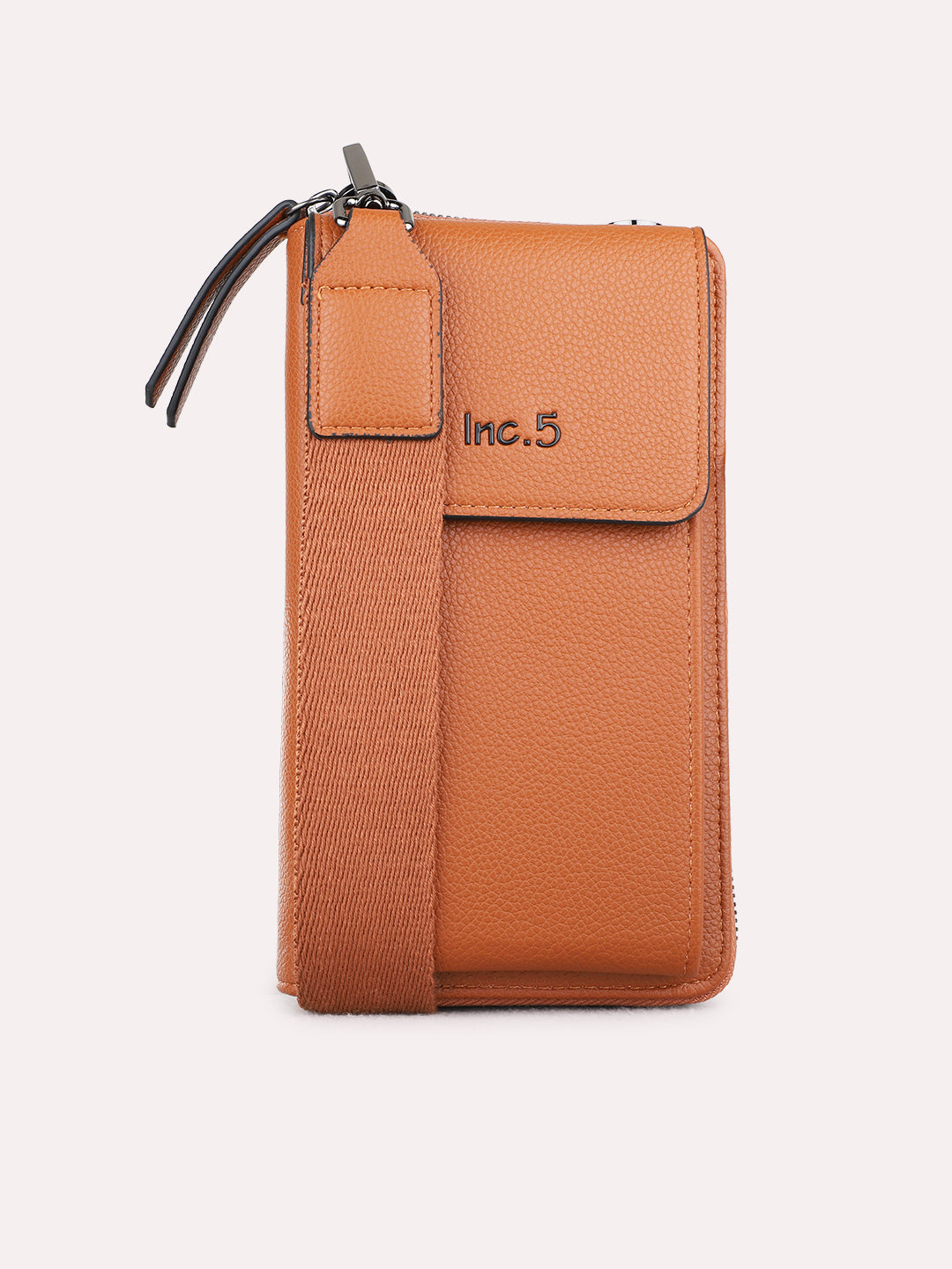 Women Tan Textured Sling Bag With Zipper Lock