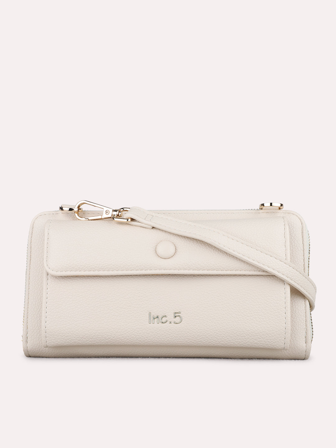 Women Cream Textured Sling Bag With Zip Lock For Casual
