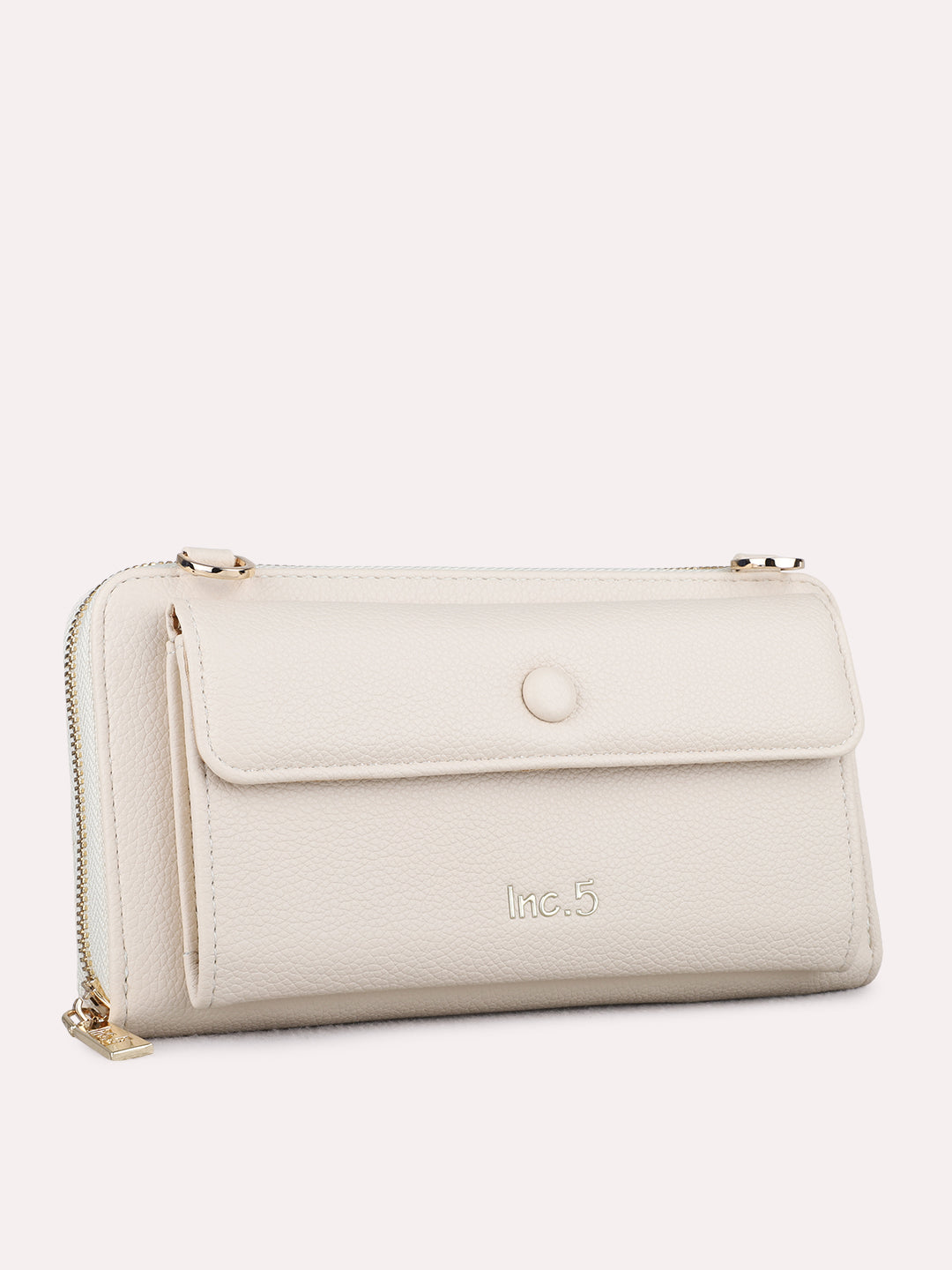Women Cream Textured Sling Bag With Zip Lock For Casual