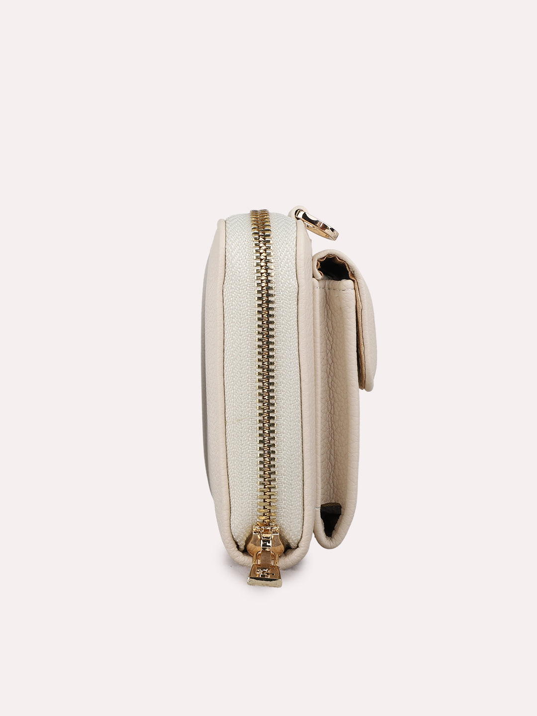 Women Cream Textured Sling Bag With Zip Lock For Casual