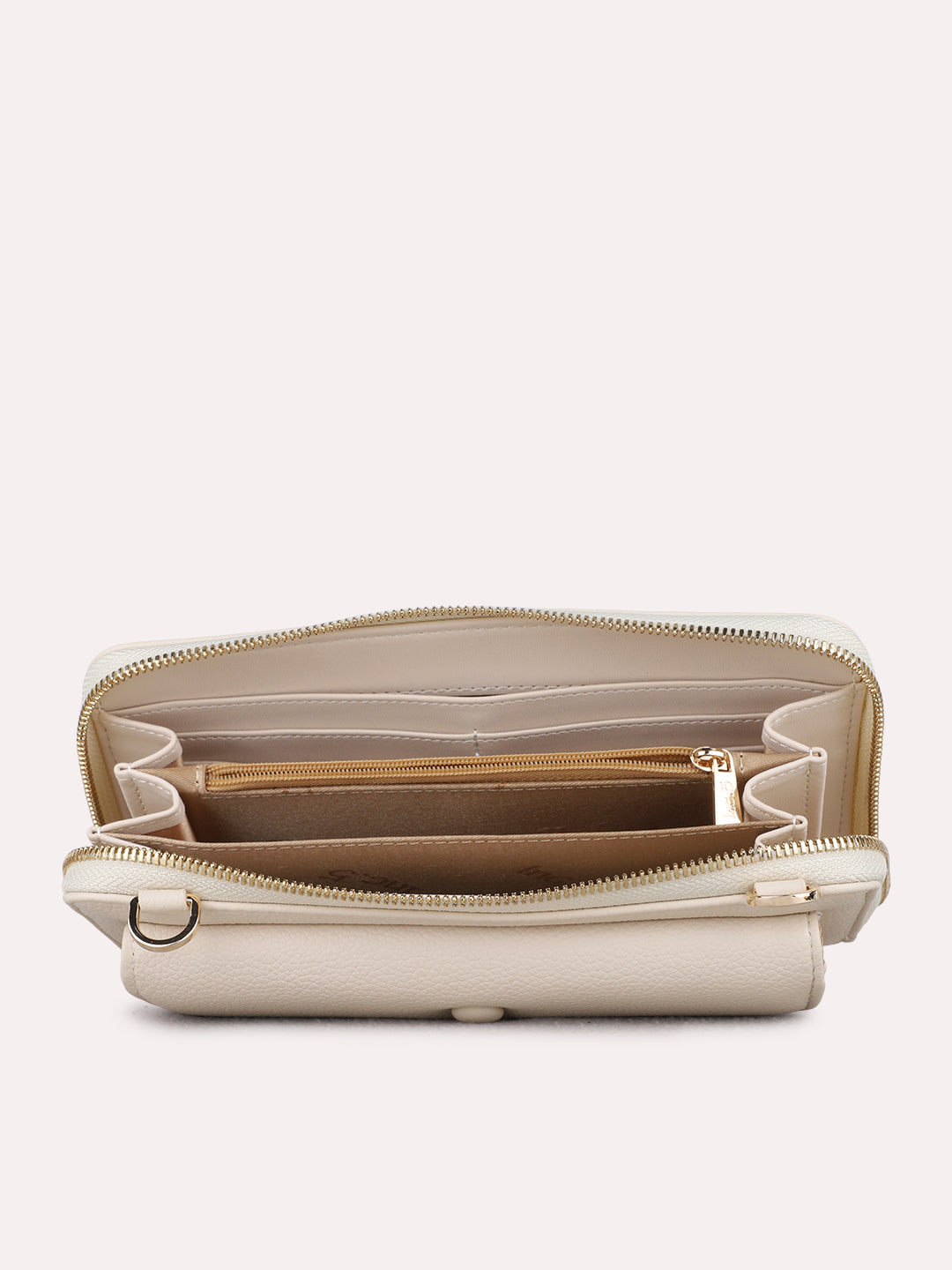 Women Cream Textured Sling Bag With Zip Lock For Casual