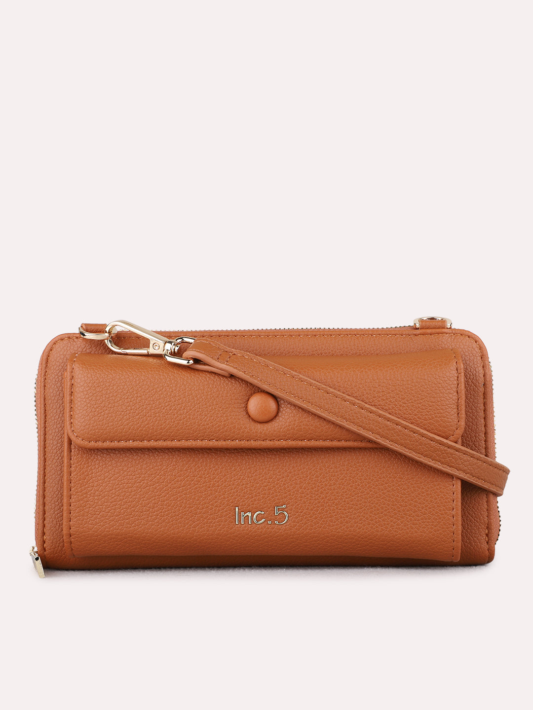 Women Tan Textured Sling Bag With Zip Lock For Casual