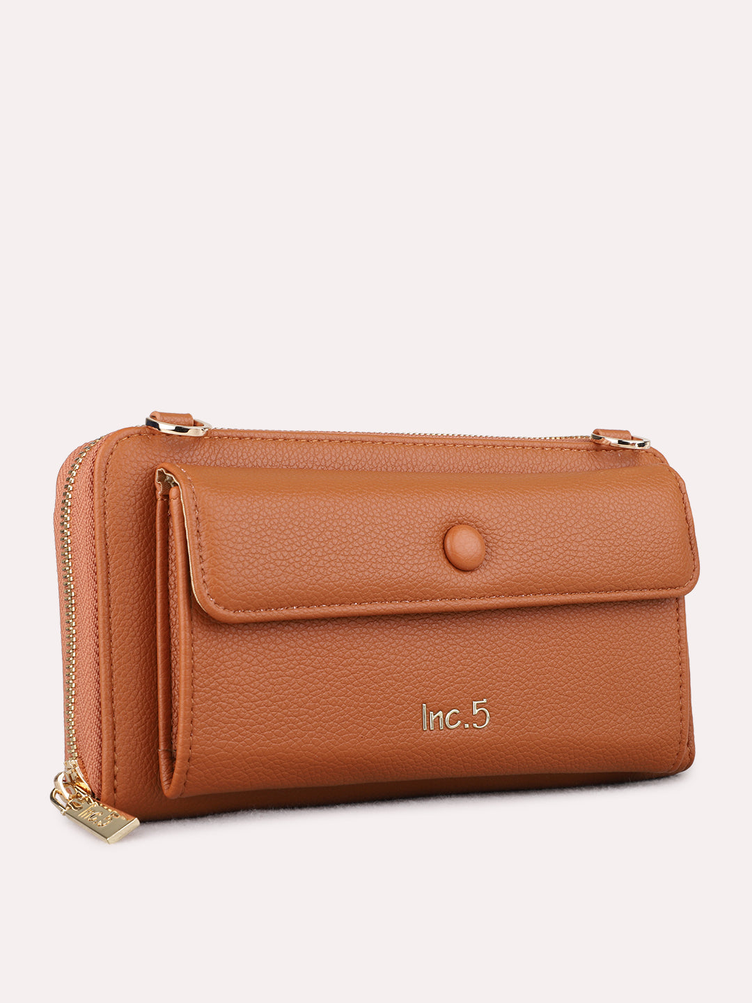 Women Tan Textured Sling Bag With Zip Lock For Casual