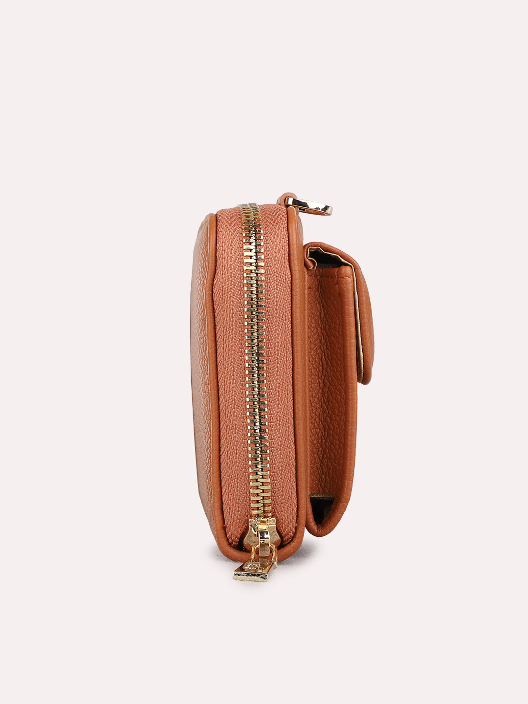 Women Tan Textured Sling Bag With Zip Lock For Casual