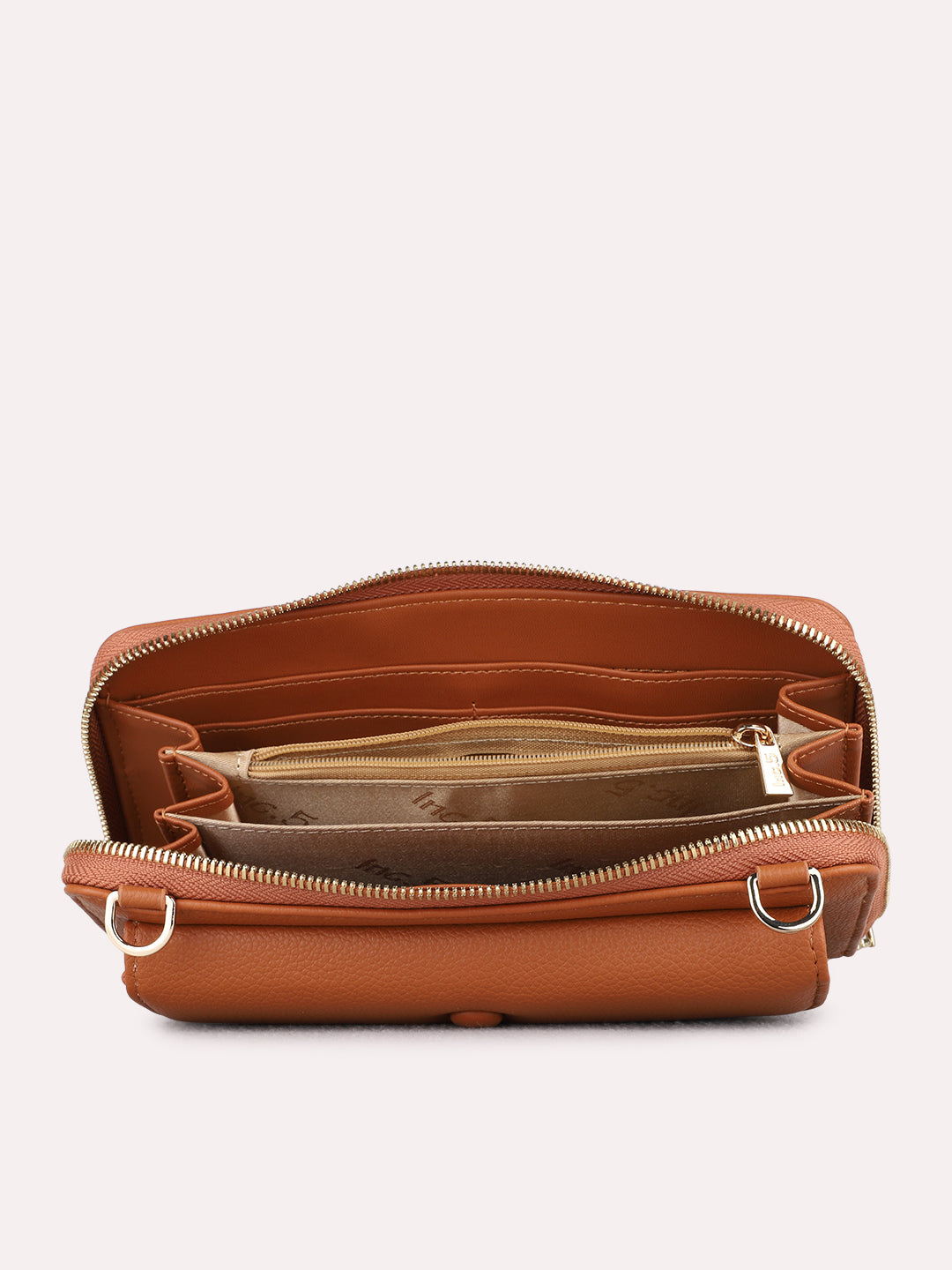 Women Tan Textured Sling Bag With Zip Lock For Casual