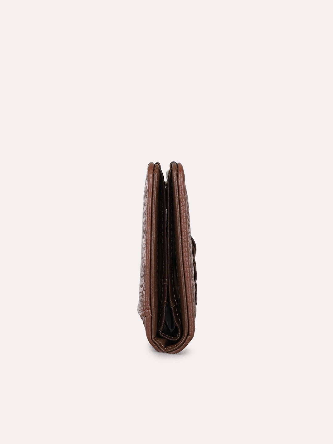Women Brown Textured Wallet With Magnet Lock For Casual