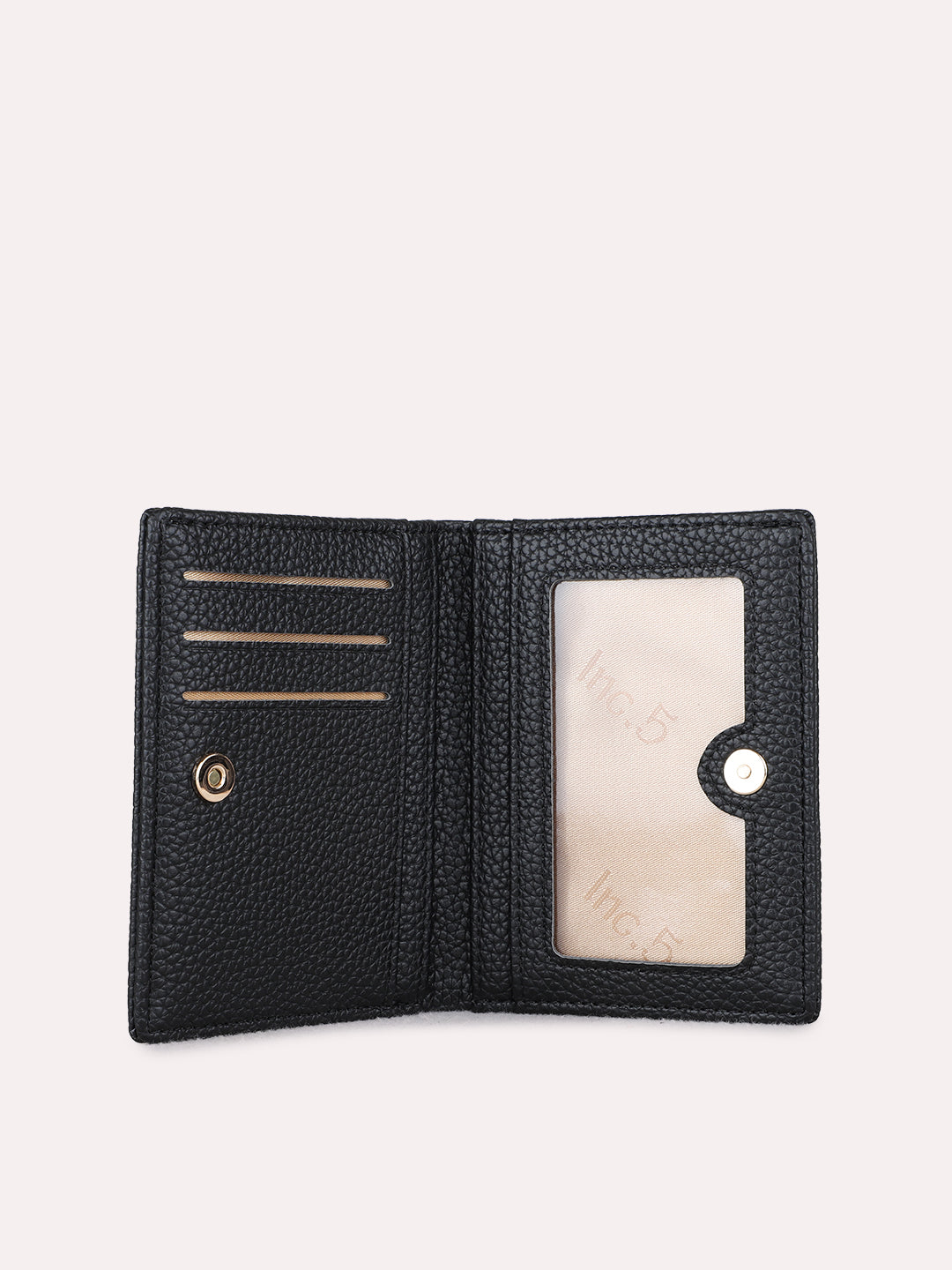 Women Black Textured Wallet With Magnet Lock For Casual