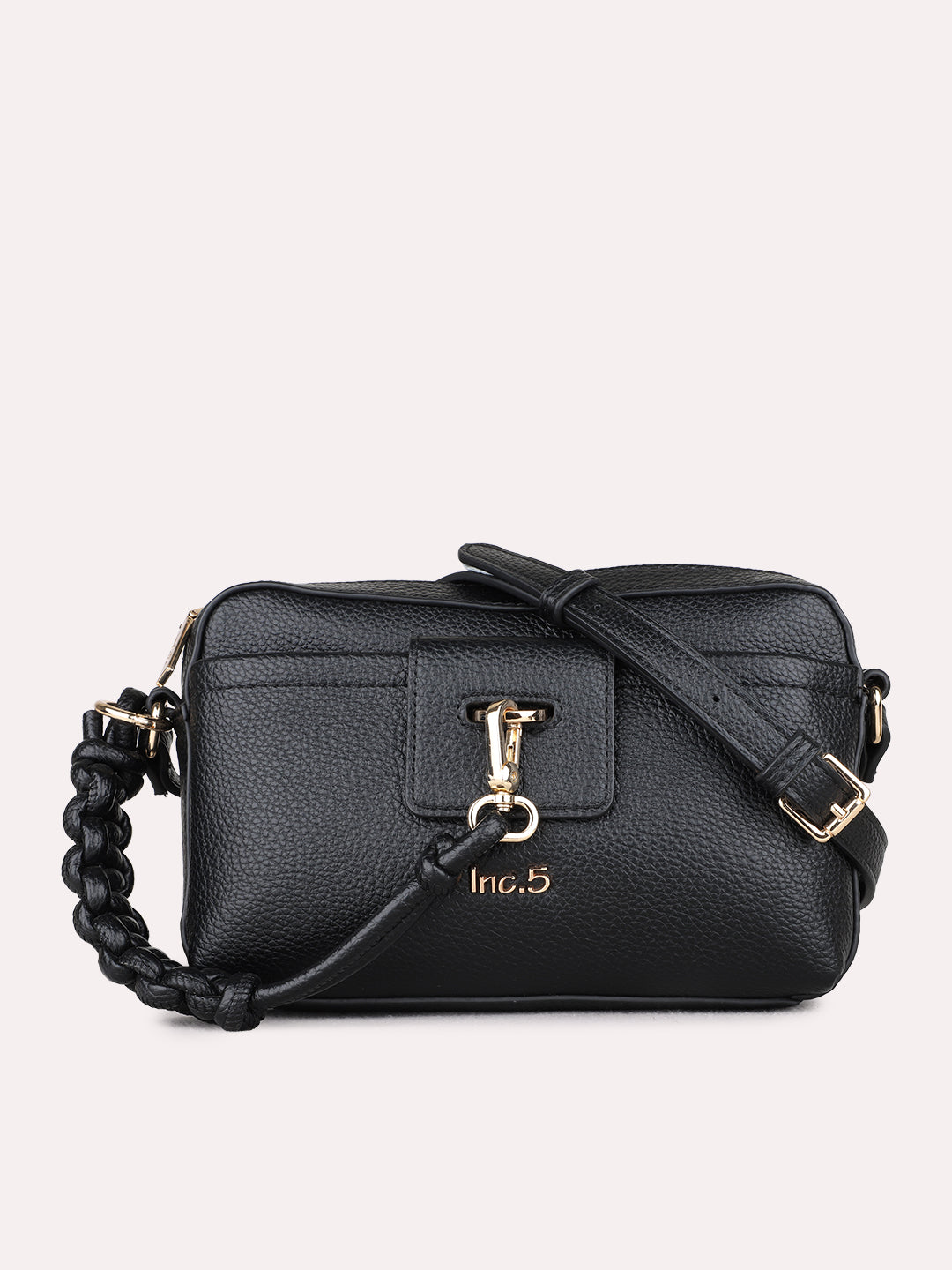 Women Black Textured Sling Bag With Zip Lock For Party