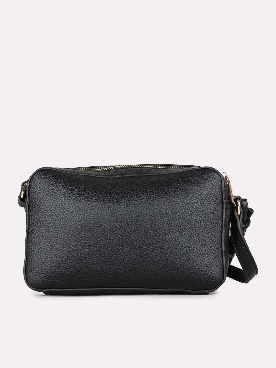 Women Black Textured Sling Bag With Zip Lock For Party