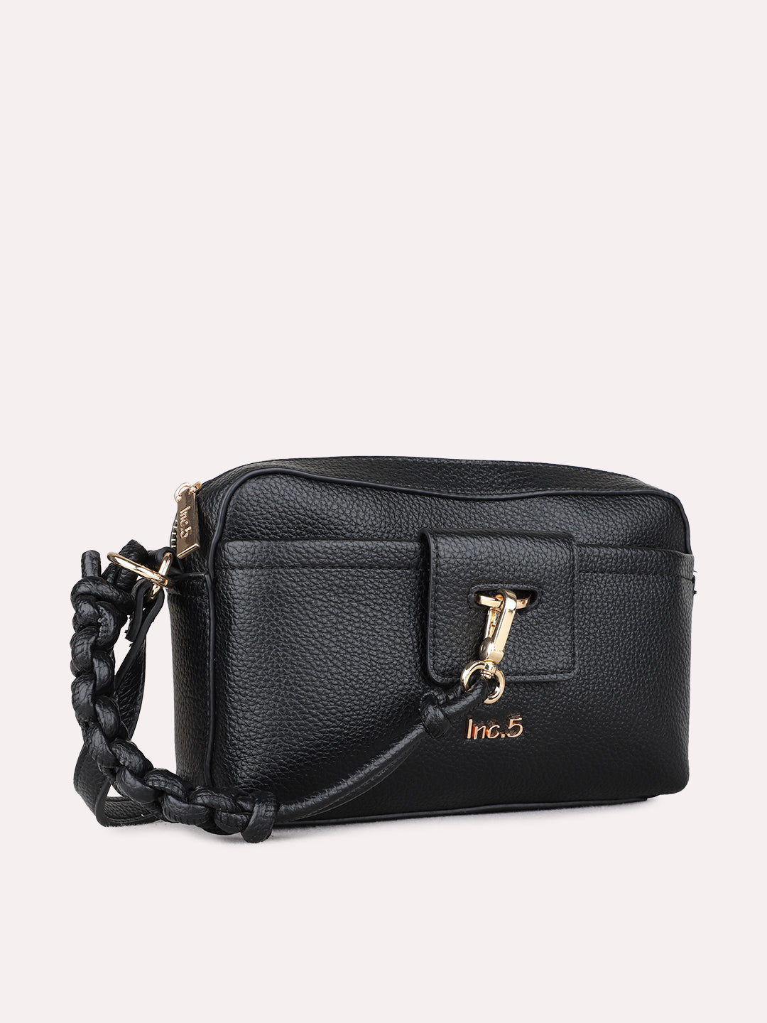 Women Black Textured Sling Bag With Zip Lock For Party