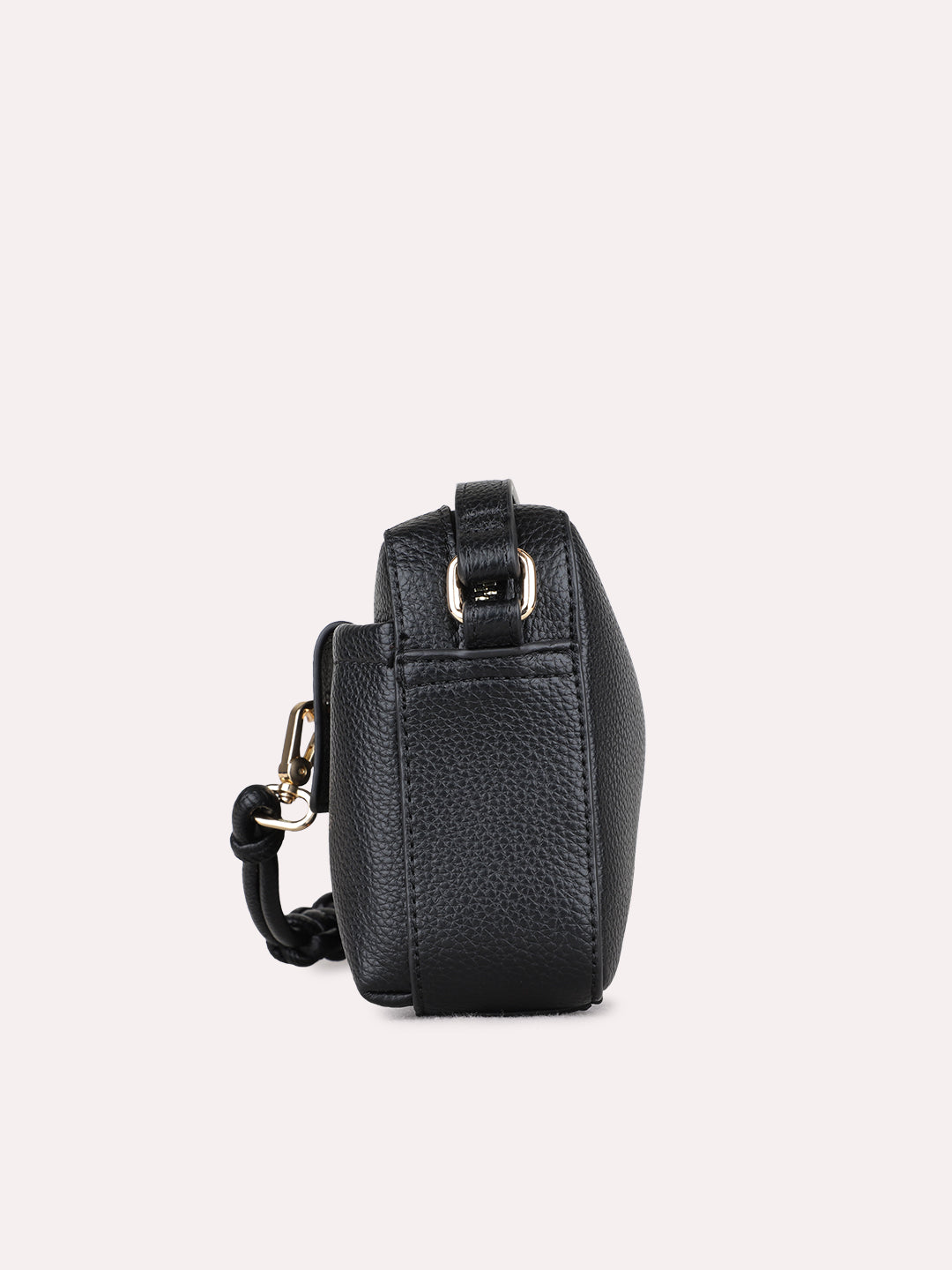Women Black Textured Sling Bag With Zip Lock For Party
