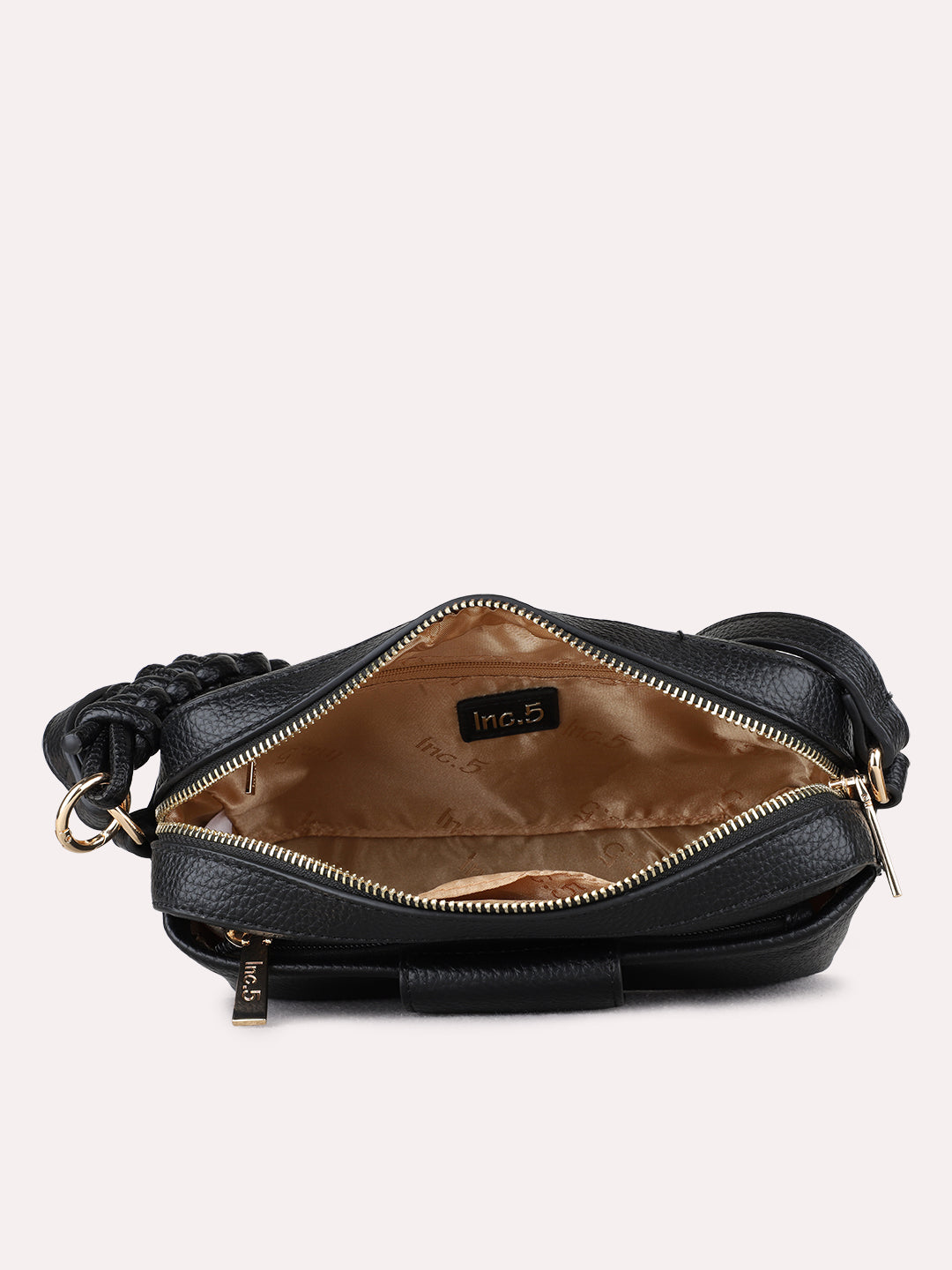 Women Black Textured Sling Bag With Zip Lock For Party