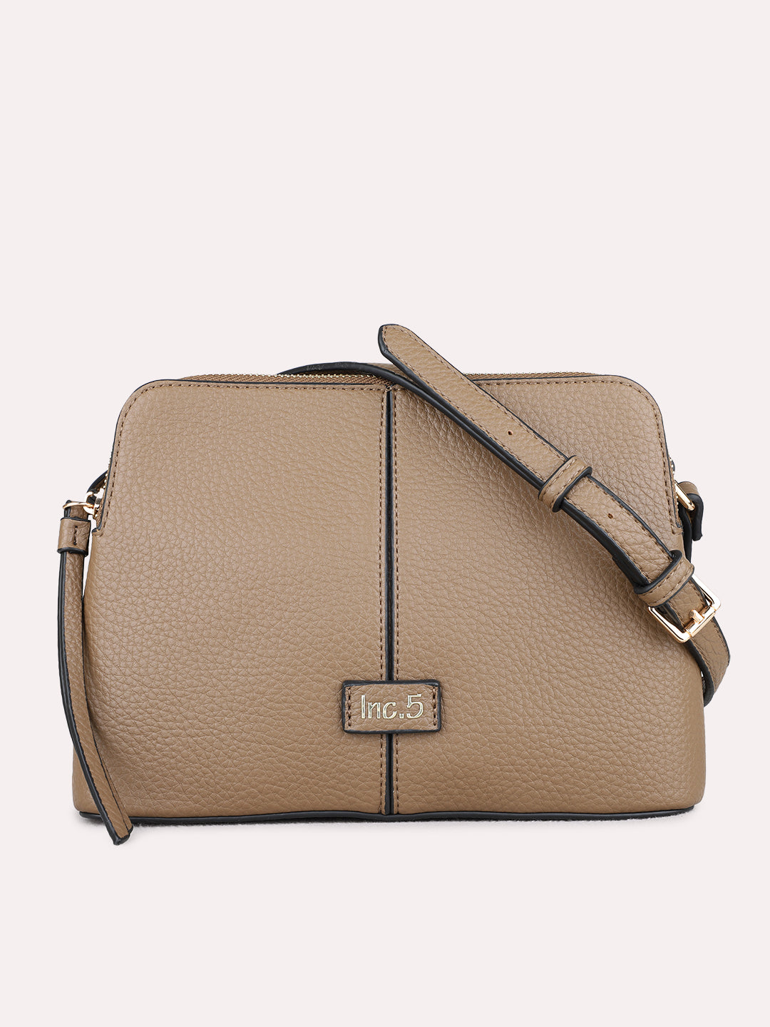 Women Brown Textured Sling Bag With Zip Lock For Casual