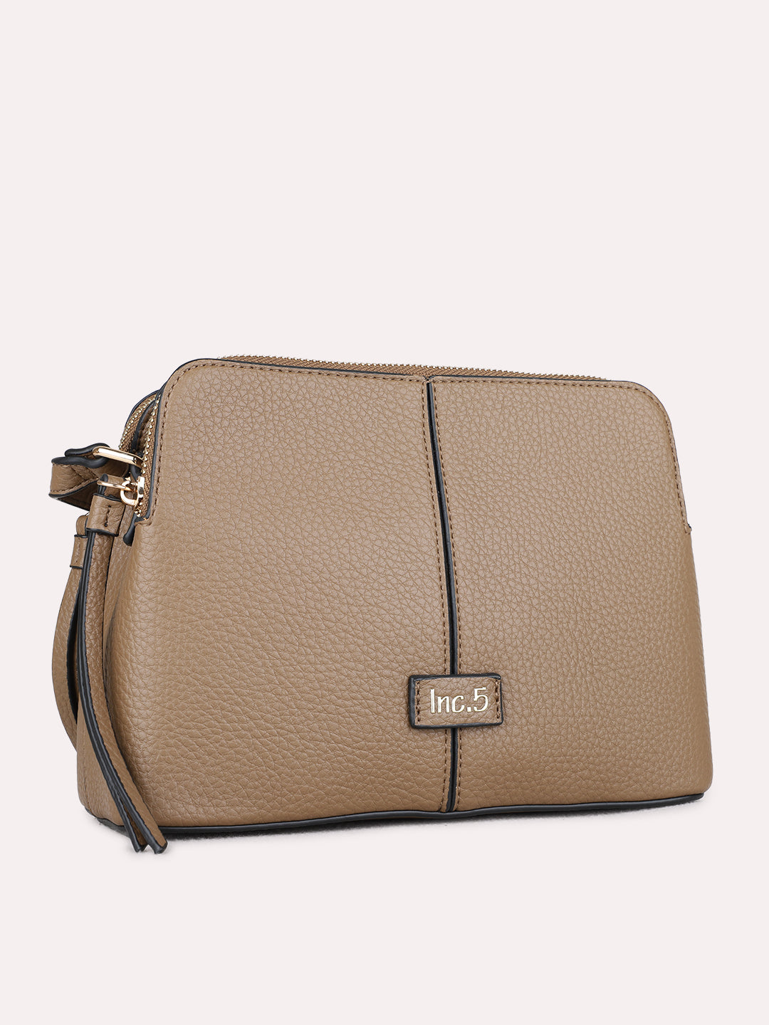 Women Brown Textured Sling Bag With Zip Lock For Casual