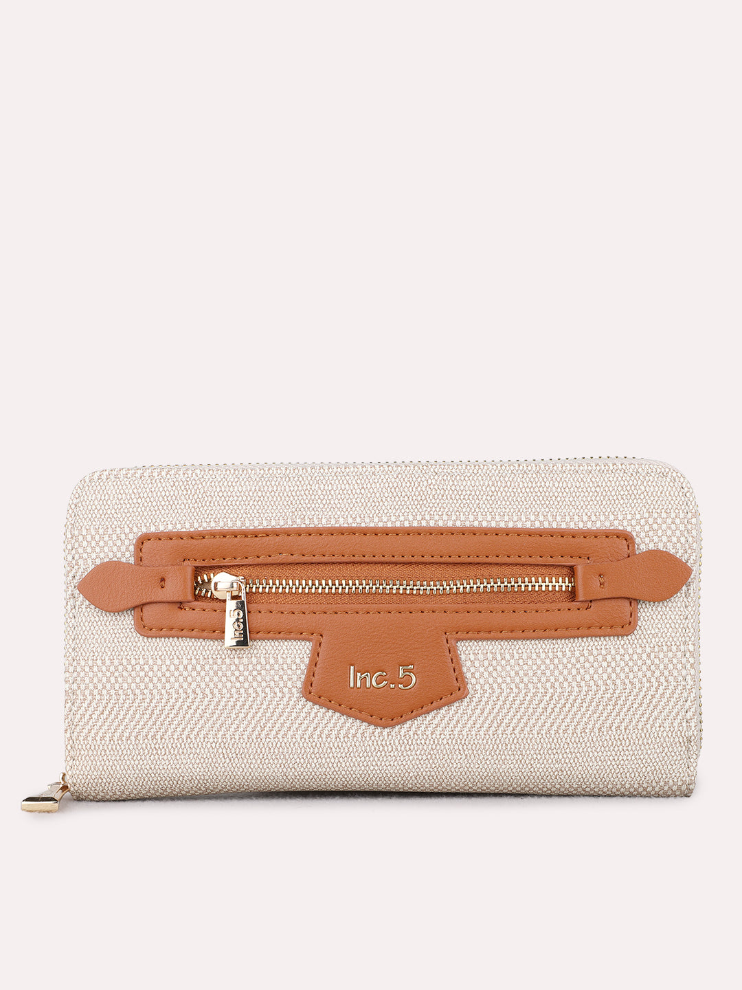 Women Tan Textured Wallet With Zip Lock For Casual