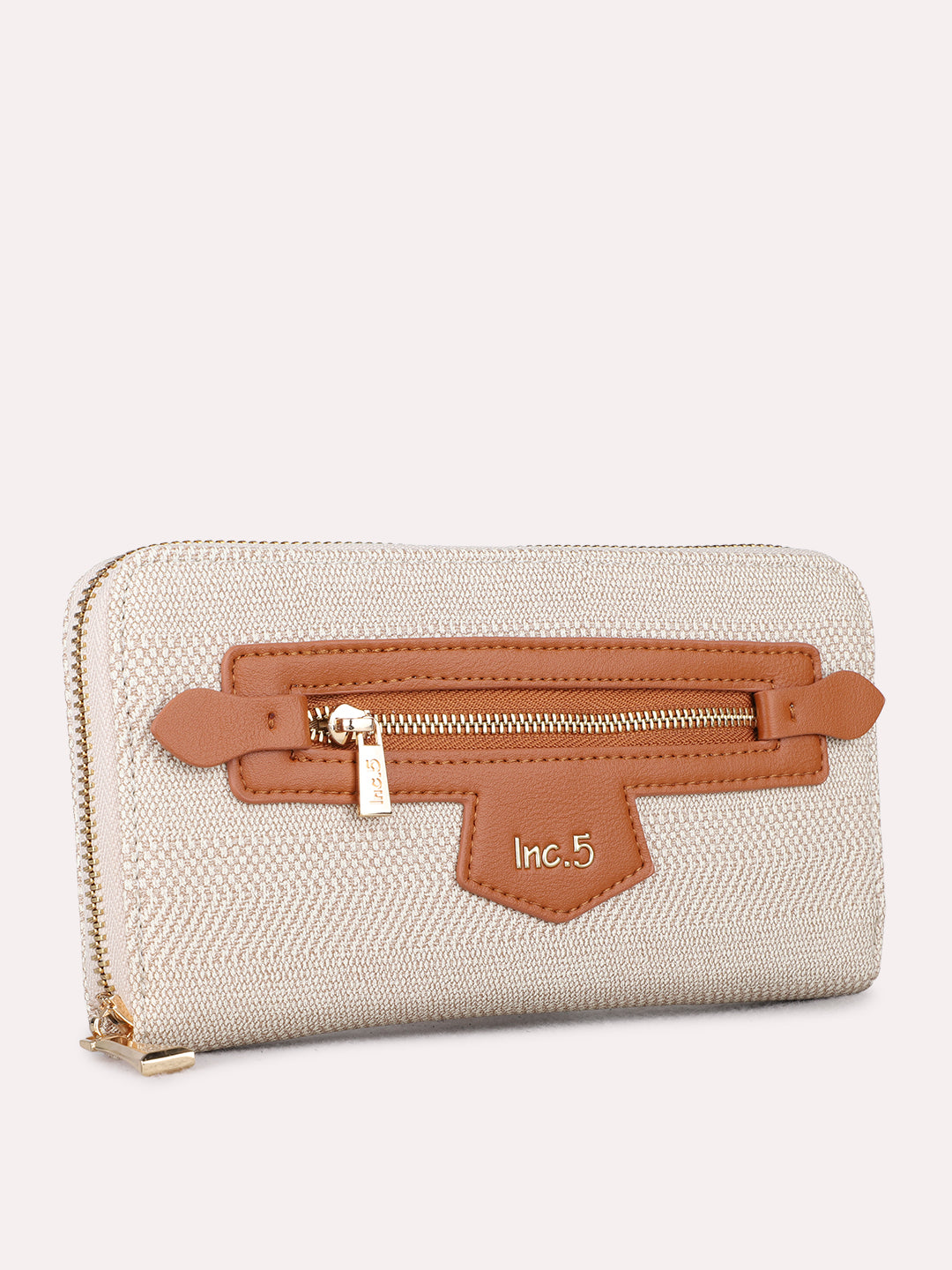 Women Tan Textured Wallet With Zip Lock For Casual